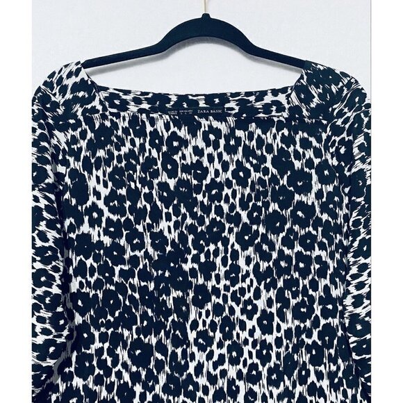 Zara Tunic Top Womens Large Black White Floral 3/4 Sleeves Side Slits Boho - Picture 2 of 5